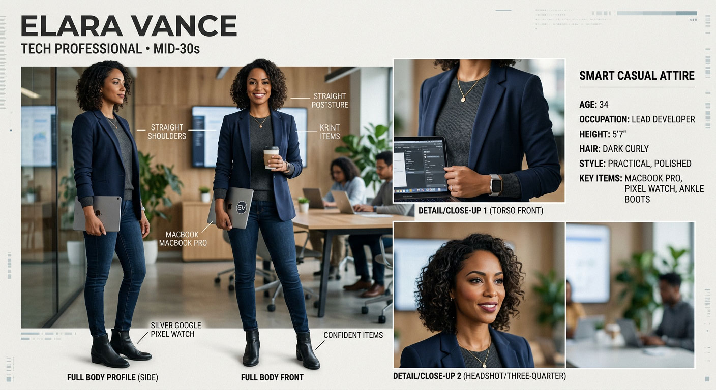 AI-generated character reference sheet for brand ambassador named Elara Vance showing consistent appearance across multiple angles