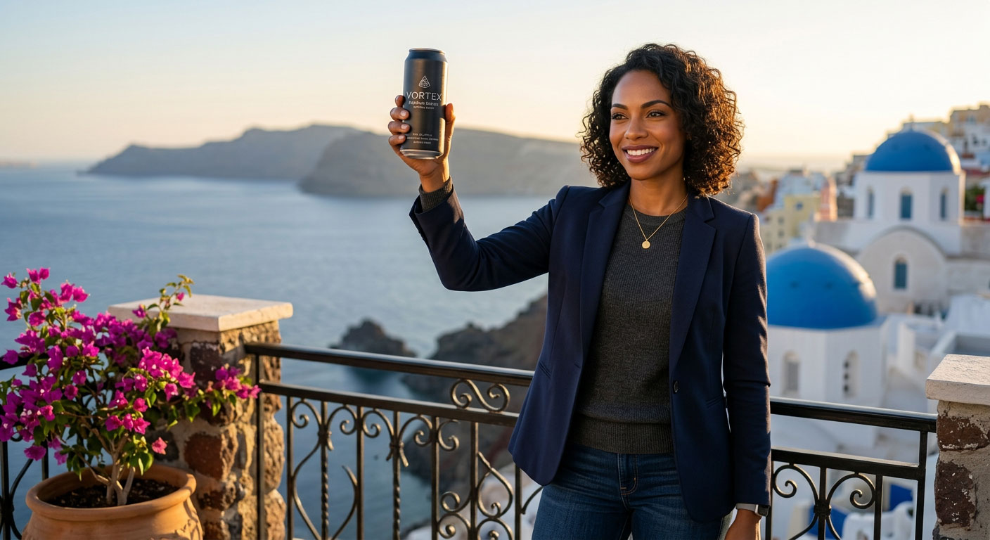 AI-generated brand ambassador holding Vortex energy drink on a Santorini balcony at sunset