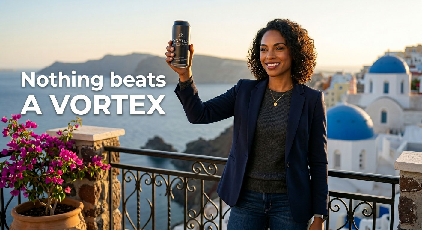 AI-composited campaign image of brand ambassador holding Vortex energy drink on Santorini balcony with Nothing beats a VORTEX tagline