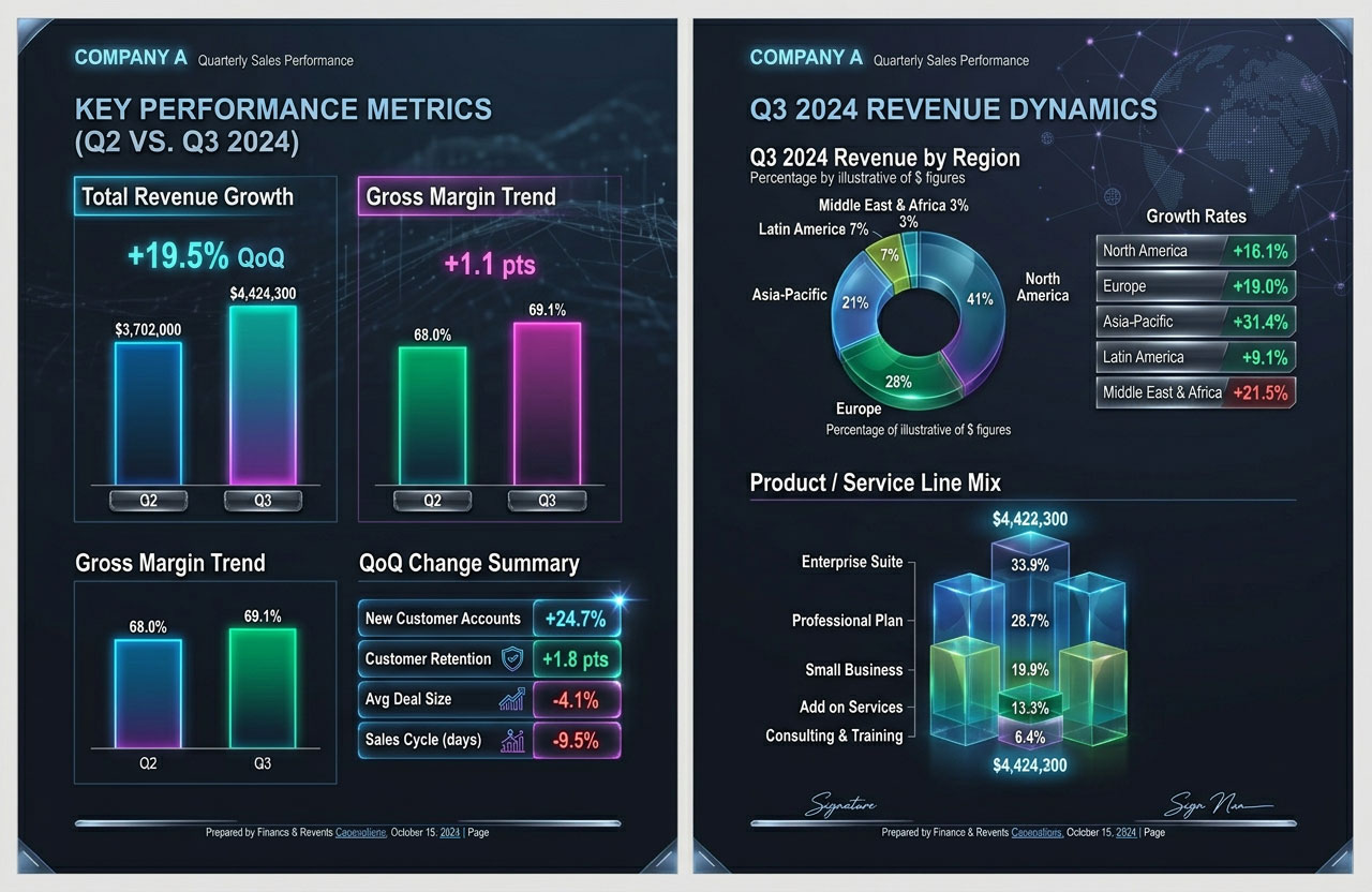 AI-generated boardroom-ready chart showing Company A Q3 2024 revenue dynamics by region and product line