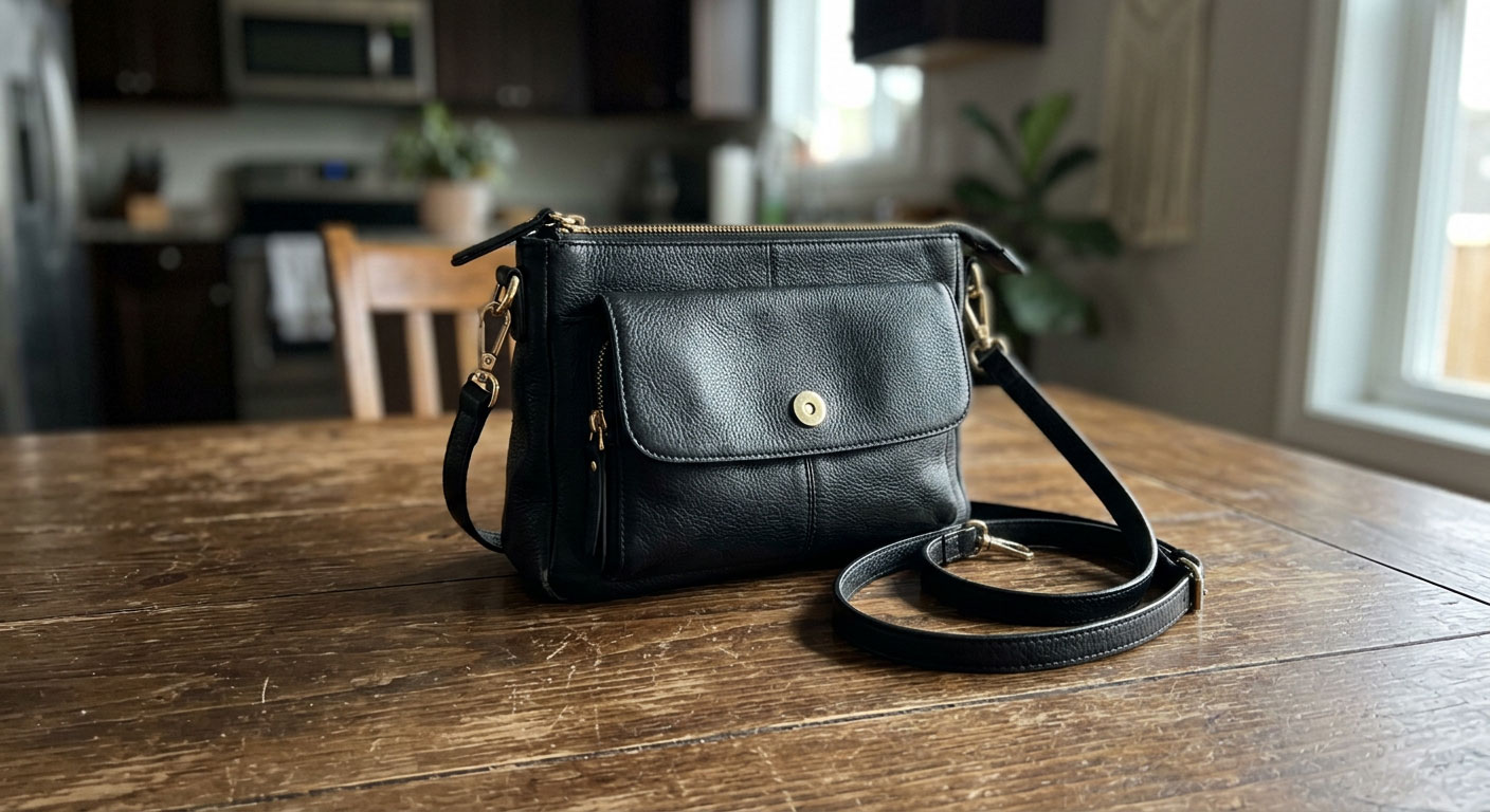 Amateur smartphone photo of black leather crossbody bag on kitchen table with cluttered home background