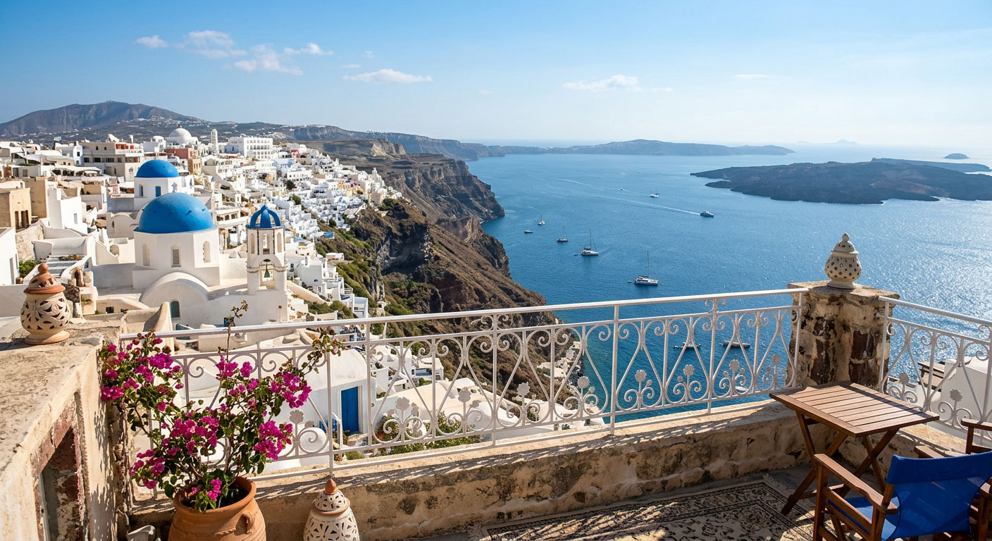 Santorini Greece cliffside balcony with blue domed churches and Aegean Sea background