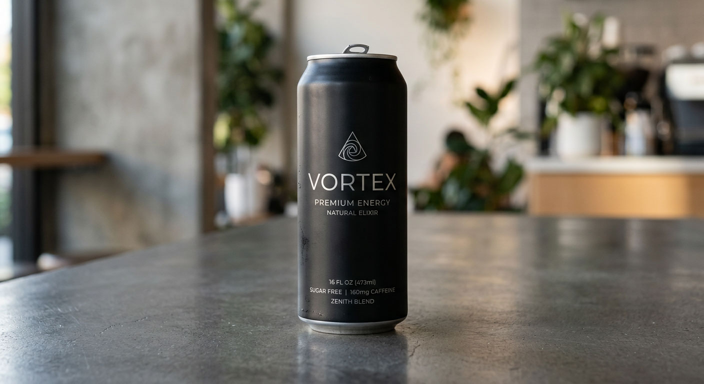 Vortex Premium Energy drink product shot on dark countertop showing can label and branding