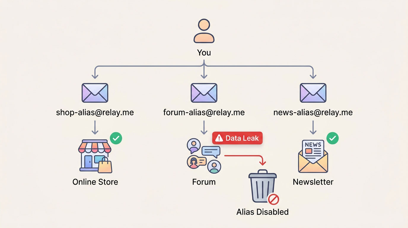 A flowchart showing how email aliases work: unique alias per service, spam traced to source, alias disabled without affecting primary email