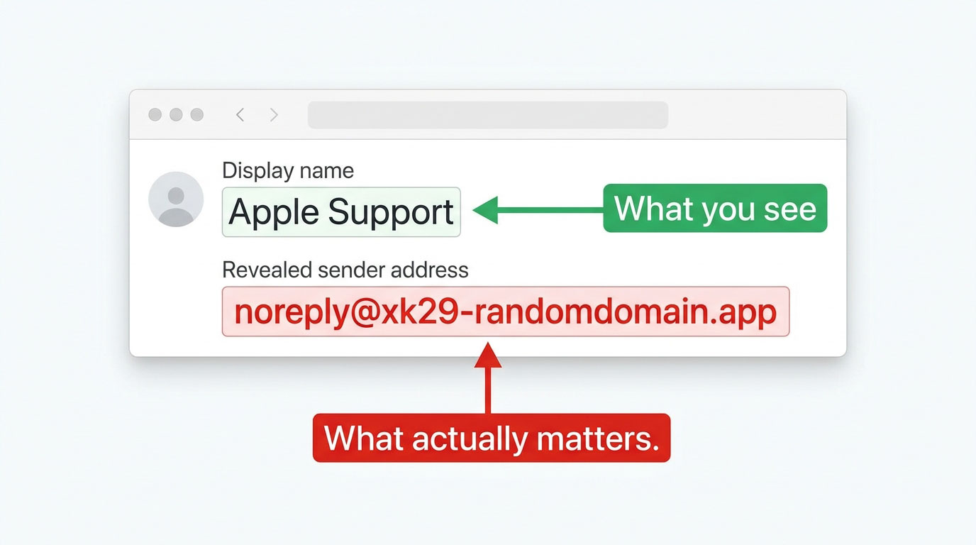 An annotated screenshot of an email header showing the difference between the display name and the actual sender address