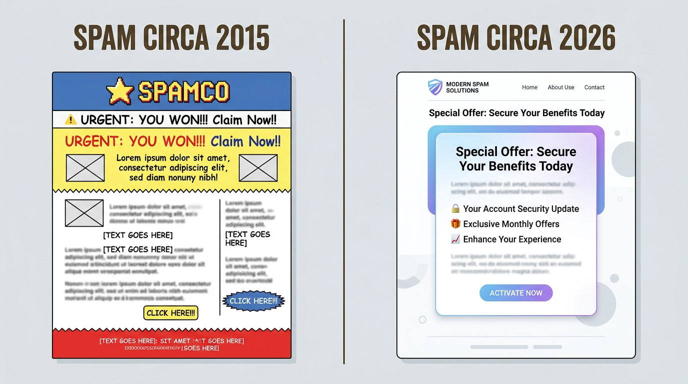 Side-by-side comparison of a traditional ugly spam email and a modern, professionally designed AI-generated spam email