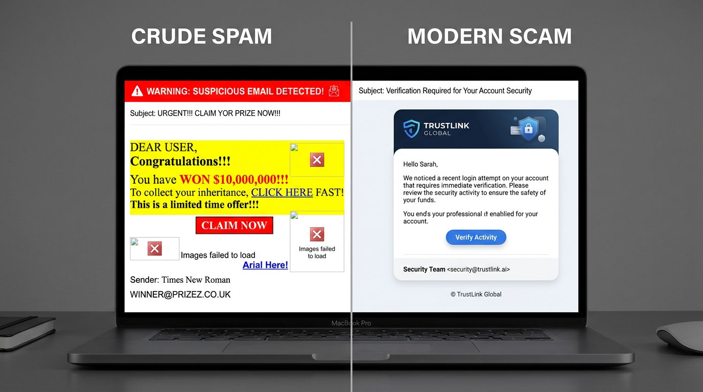 A split-screen comparison showing a crude, broken spam email on the left and a polished, professionally designed scam email on the right